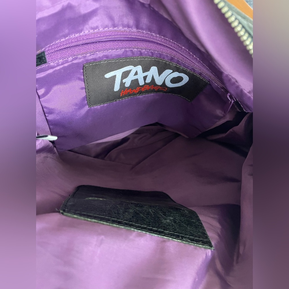 Tano Distressed Black Leather Hobo Bag Many Pockets Double Strap Purple Lining - Picture 8 of 8